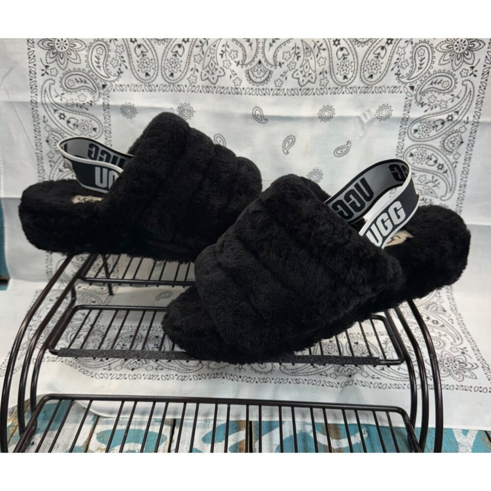 UGG FLUFF YEAH SLIDE BLACK PLUSH SHEARLING FUR SLIPPERS 6M 1095119